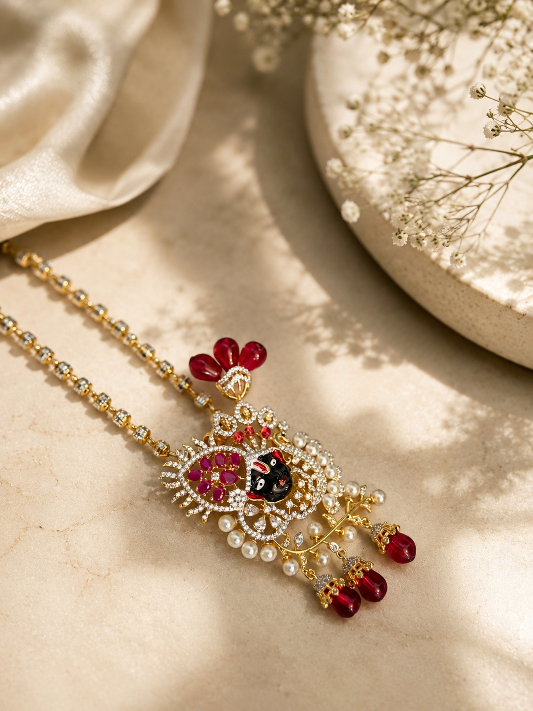 Red Krishna Pendant Necklace Set | Temple Jewellery | House of Orna