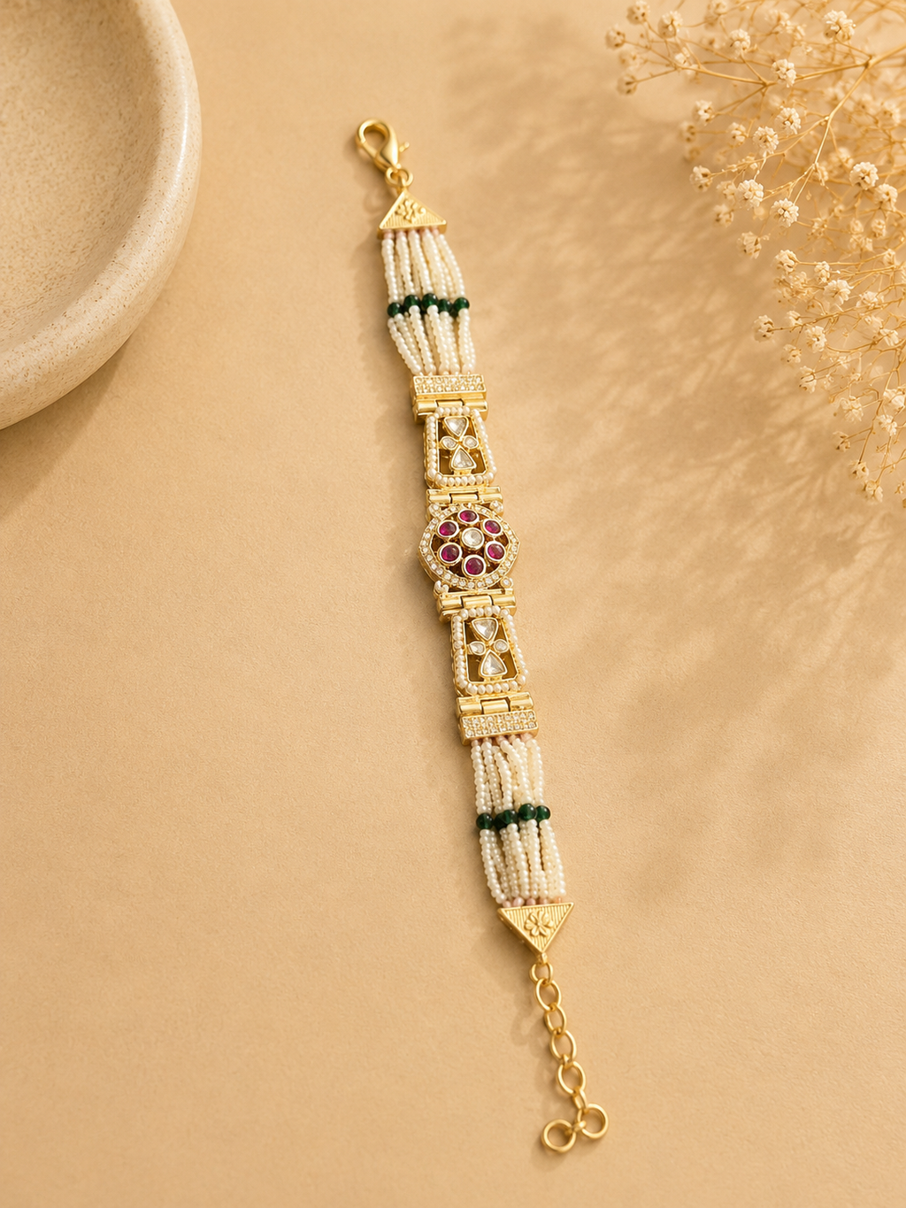 Traditional Pearl Beaded Bracelet with Ruby Accents
