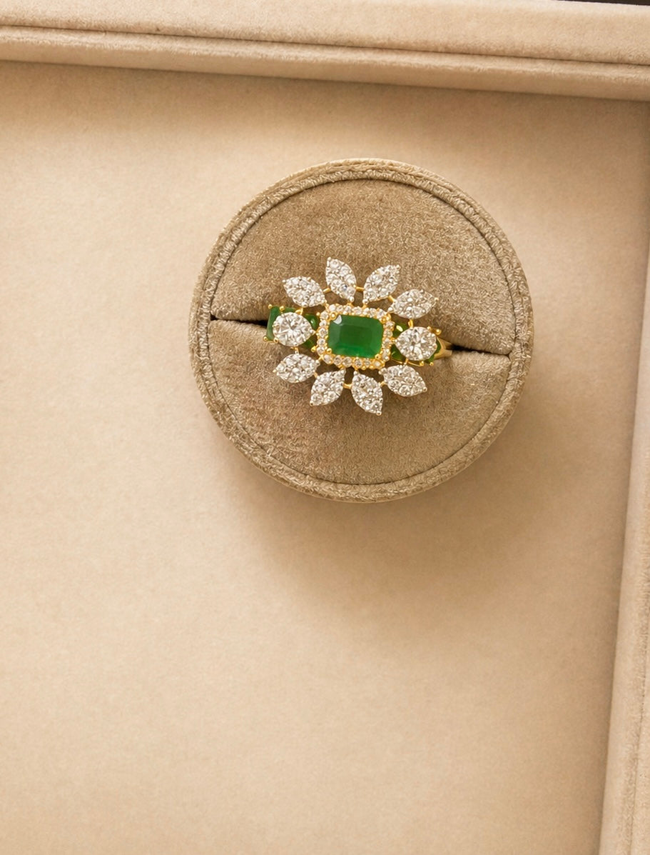 Adjustable Emerald Green Stone Statement Ring with Diamond Look Floral Design