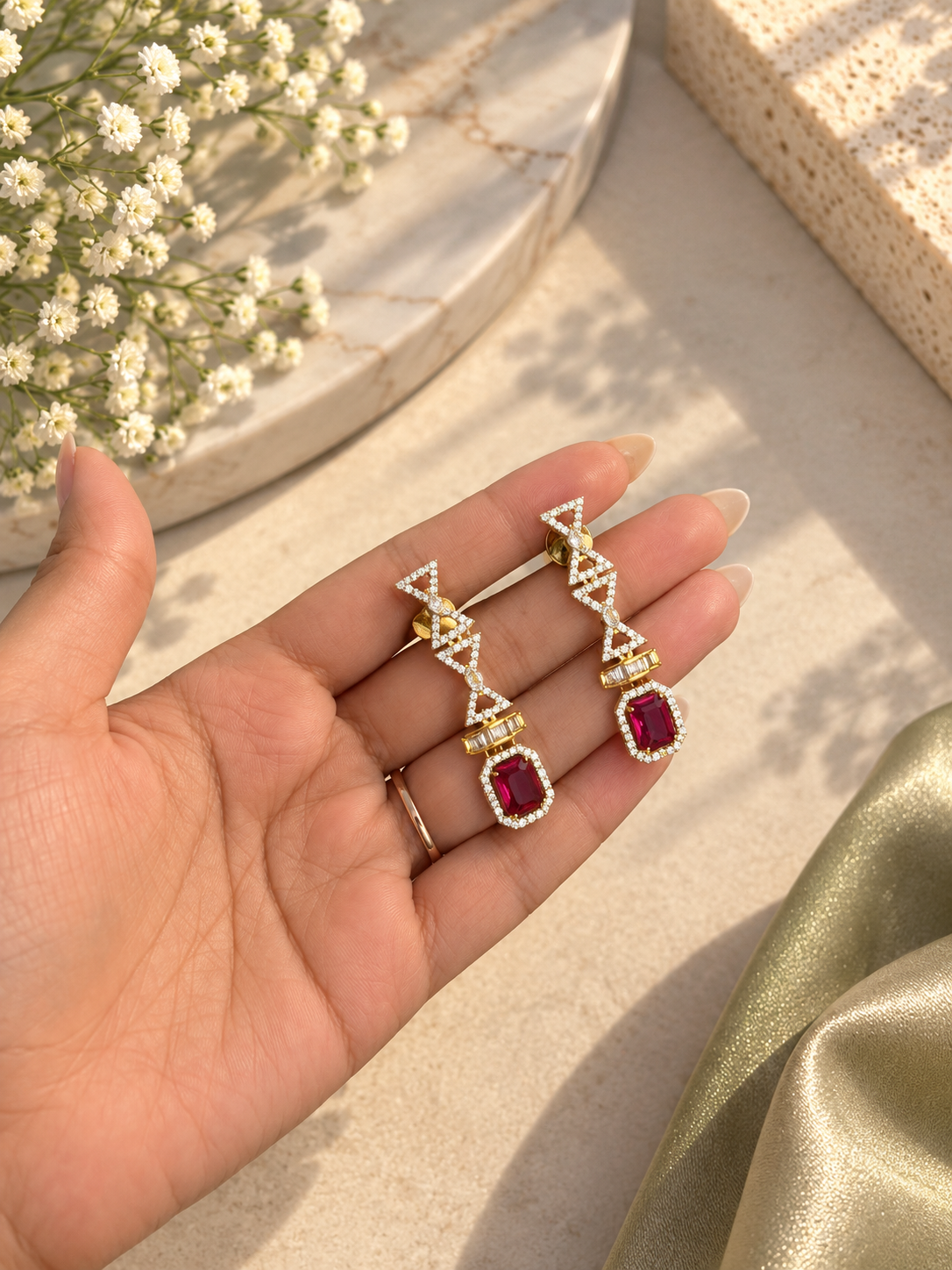 Gold Pink Stone Floral Necklace Set