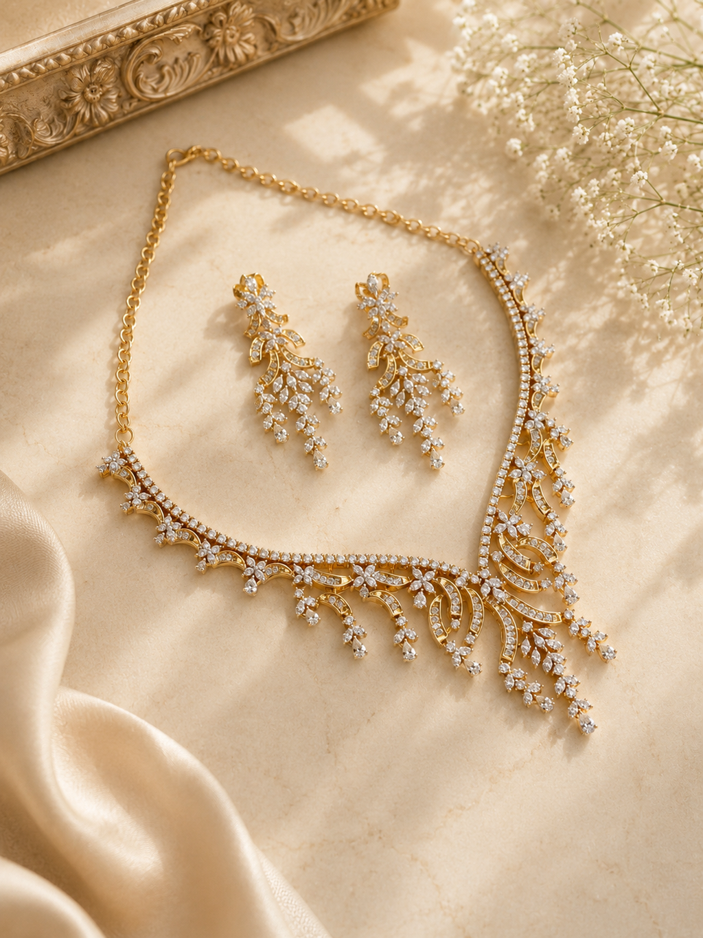 Diamond Cascade Necklace Set | Luxury Statement Diamond Look Jewellery