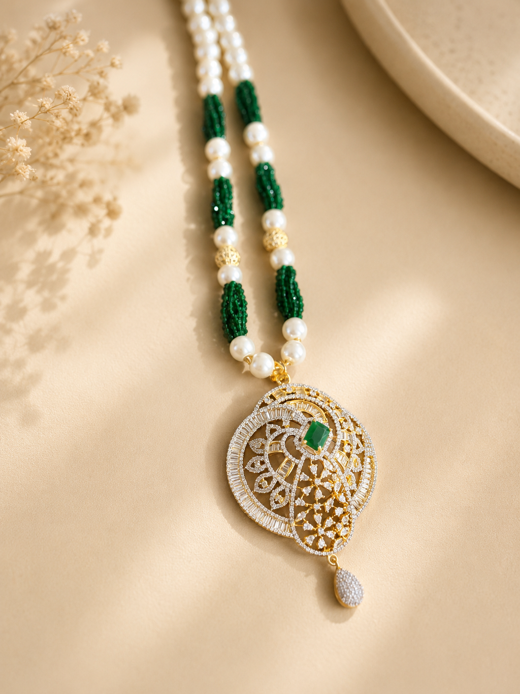 Emerald Green Beaded American Diamond Pendant Necklace Set with Earrings | Designer Wedding Jewellery