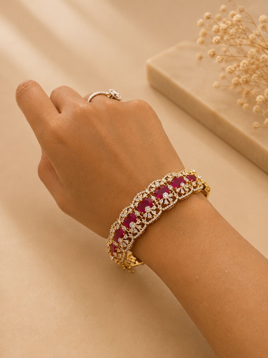 Ruby Stone Diamond Statement Kada Bracelet