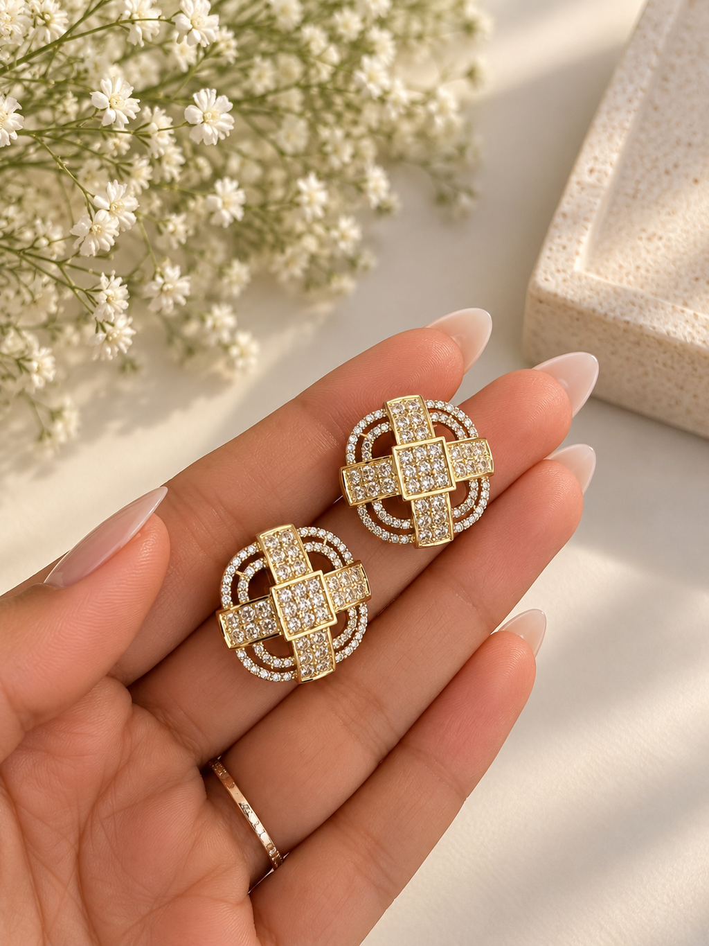 Gold Look Diamond Pendant Necklace Set with Statement Earrings
