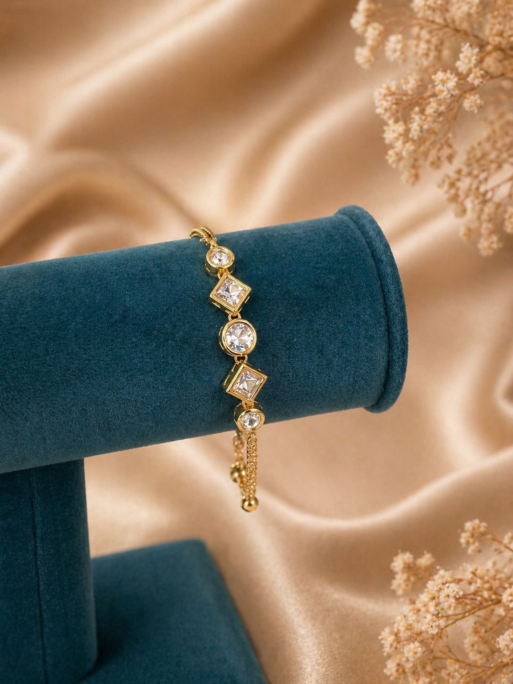 Gold Adjustable Bracelet with Alternating Geometric Crystal Stones