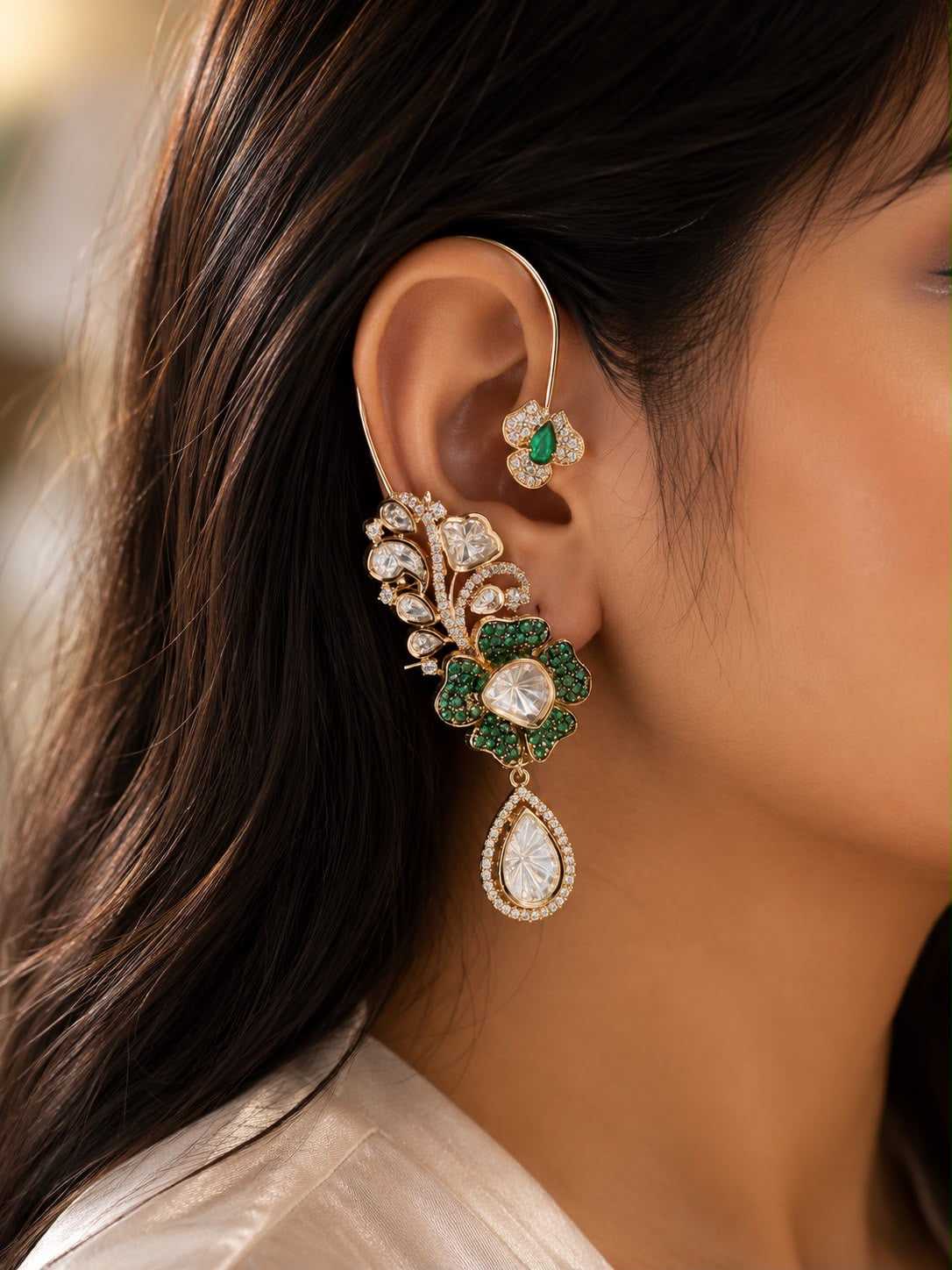 Emerald Floral Ear Cuff Earrings | Statement Crystal Drop Earrings | Anti Tarnish