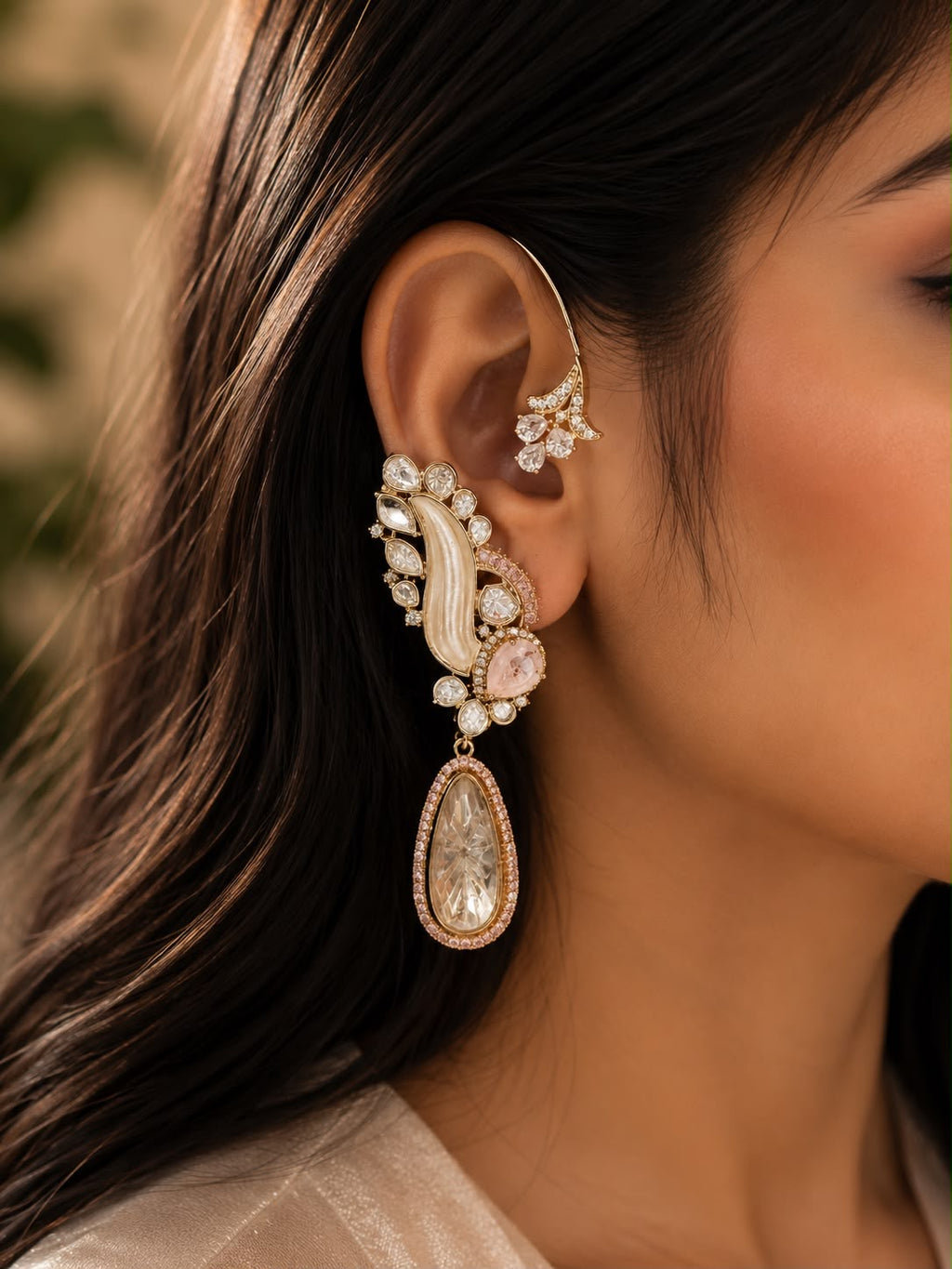 Pearl Crystal Ear Cuff Earrings | Statement Drop Ear Climber | Anti Tarnish