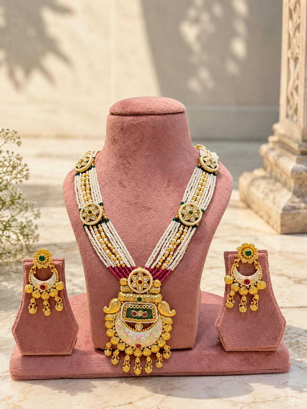 Antique Meenakari Pendant Necklace Set | White Magenta Beaded Heritage Jewellery | Anti Tarnish