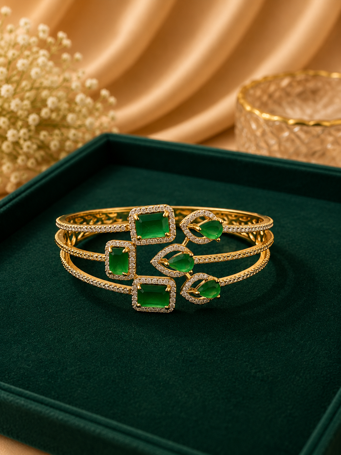 Emerald Crystal Triple Layer Bracelet Set