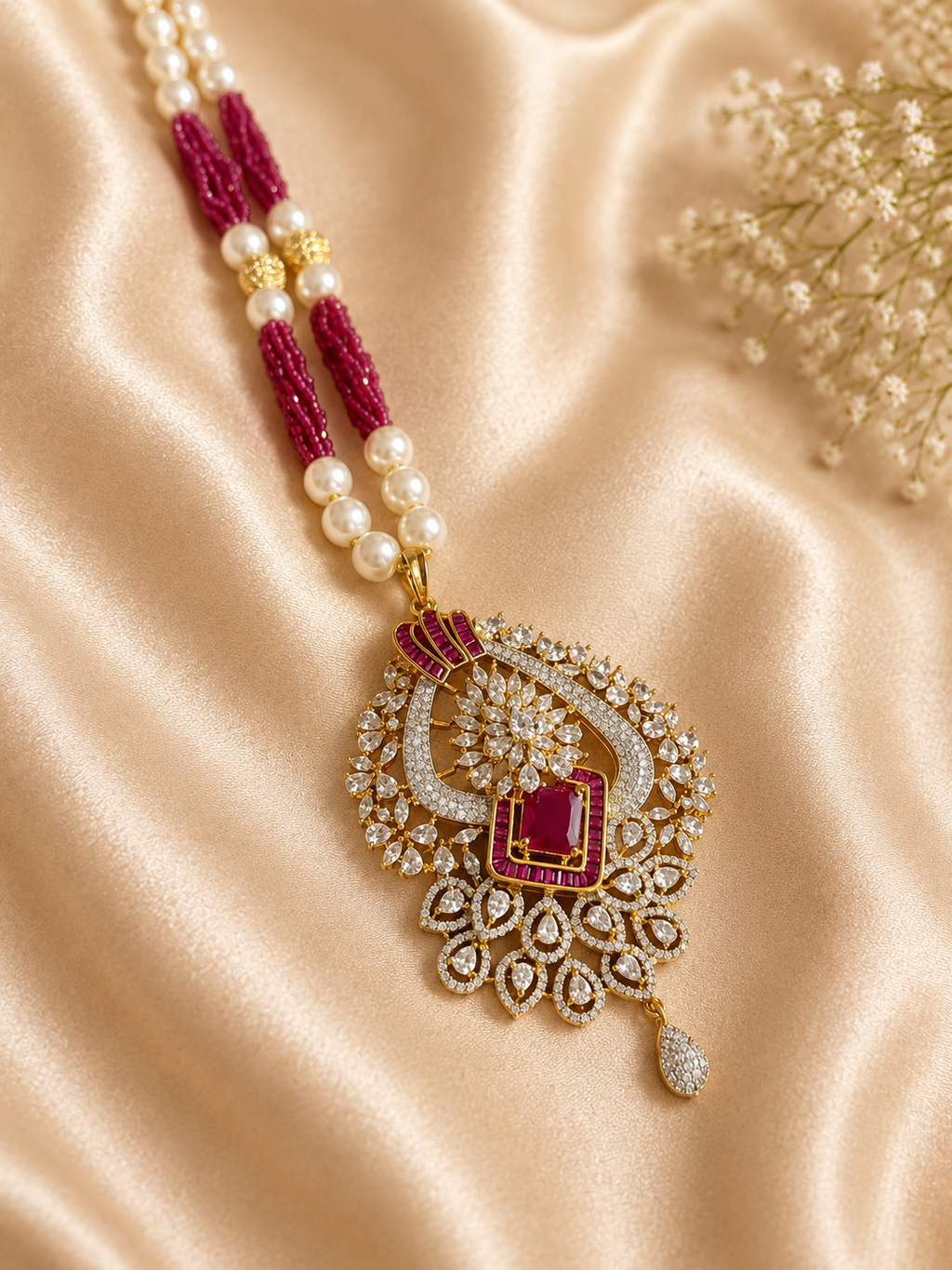Pink Beaded American Diamond Pendant Necklace Set with Earrings | Ruby Stone Party Wear Jewellery