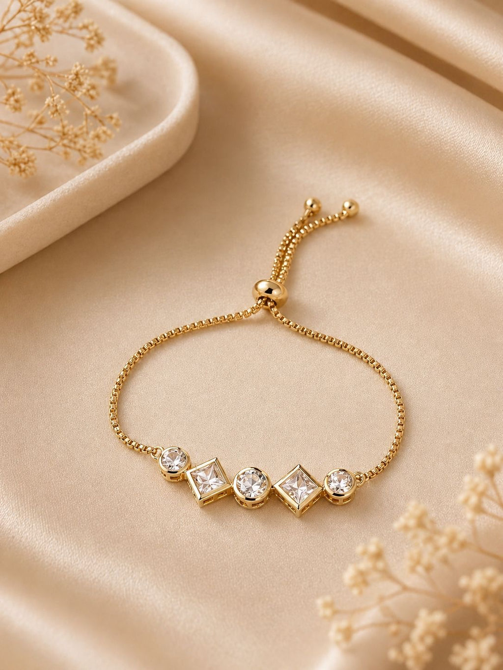 Gold Adjustable Bracelet with Alternating Geometric Crystal Stones