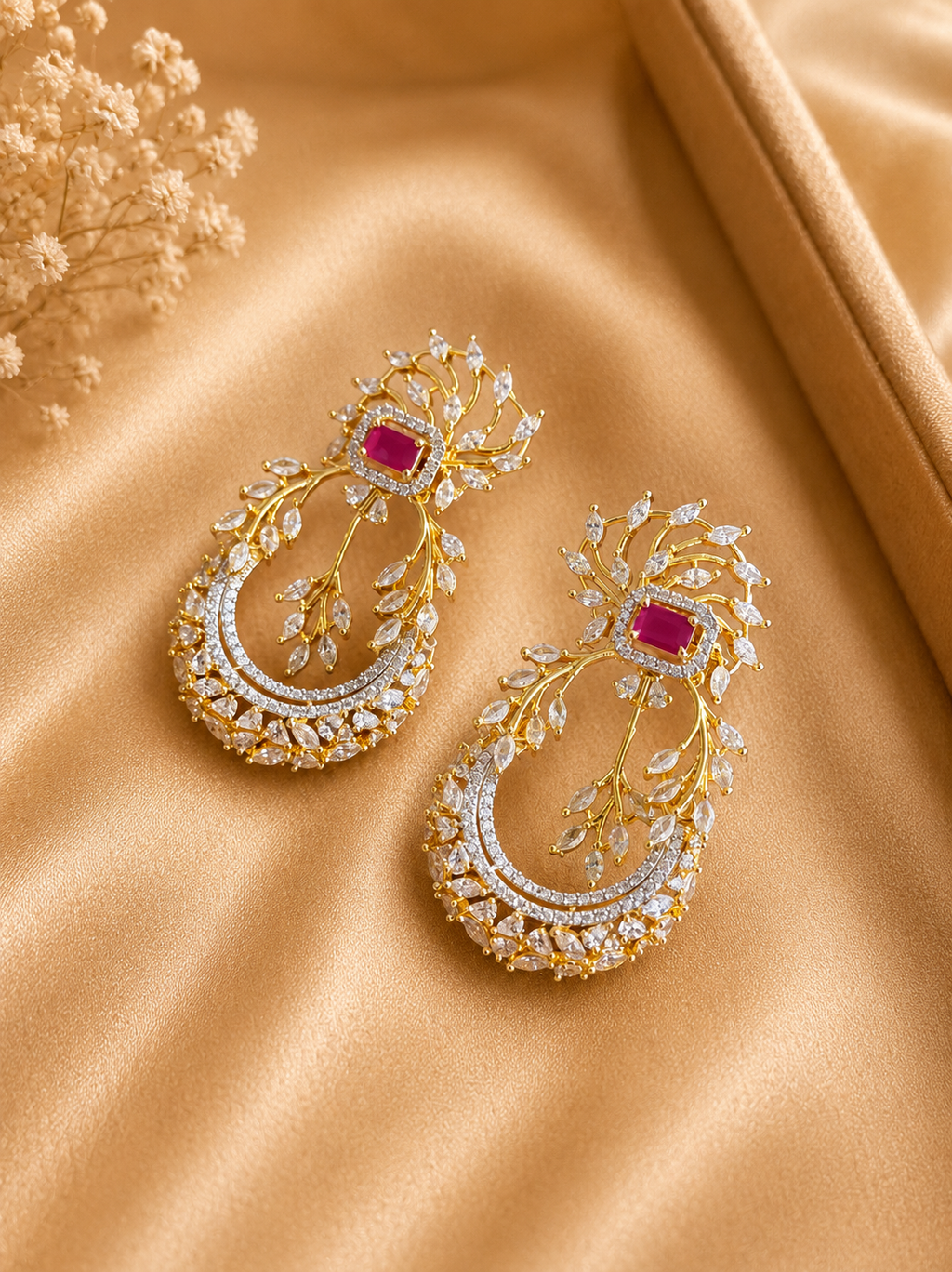 Ruby Red Beaded American Diamond Pendant Necklace Set with Matching Earrings | Designer Statement Jewellery