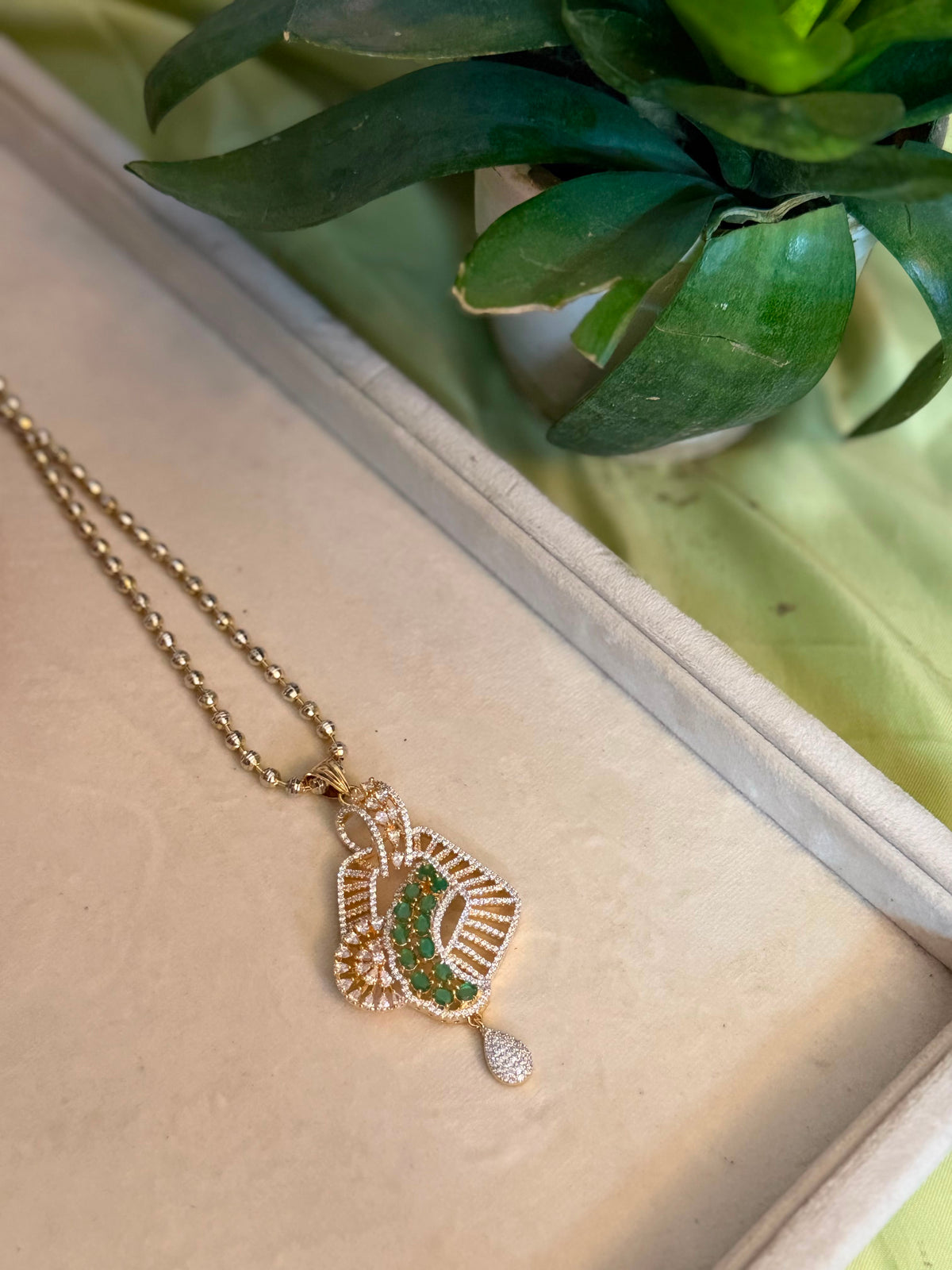 Green Emerald Leaf Pendant Necklace Set | Gold-Tone Jewellery | House of Orna