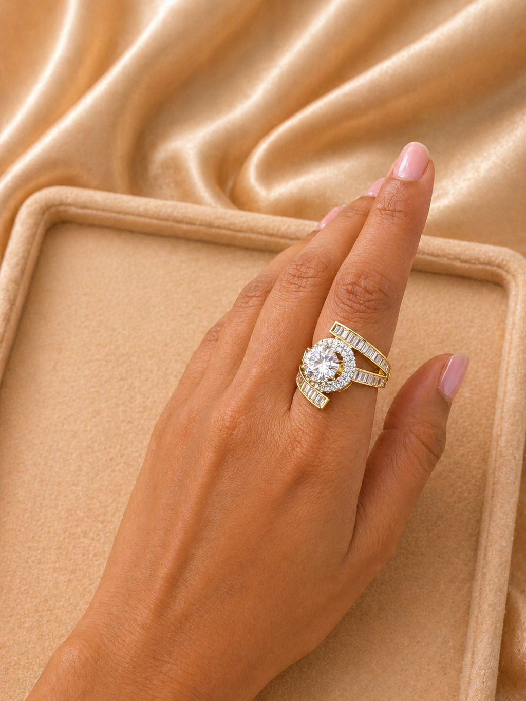 Adjustable Emerald Green/Clear Stone Statement Ring with Diamond Look Halo & Baguette Bands