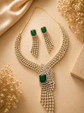 Emerald Green Statement Necklace Set with American Diamonds and Drop Earrings