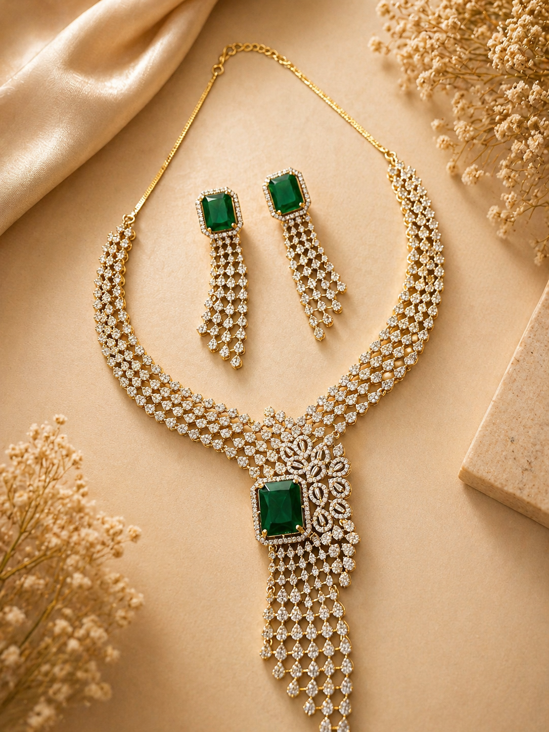 Emerald Green Statement Necklace Set with American Diamonds and Drop Earrings
