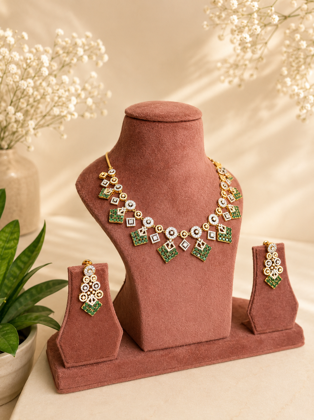 Emerald Mosaic Necklace Set | Green Stone Designer Party Wear Jewellery