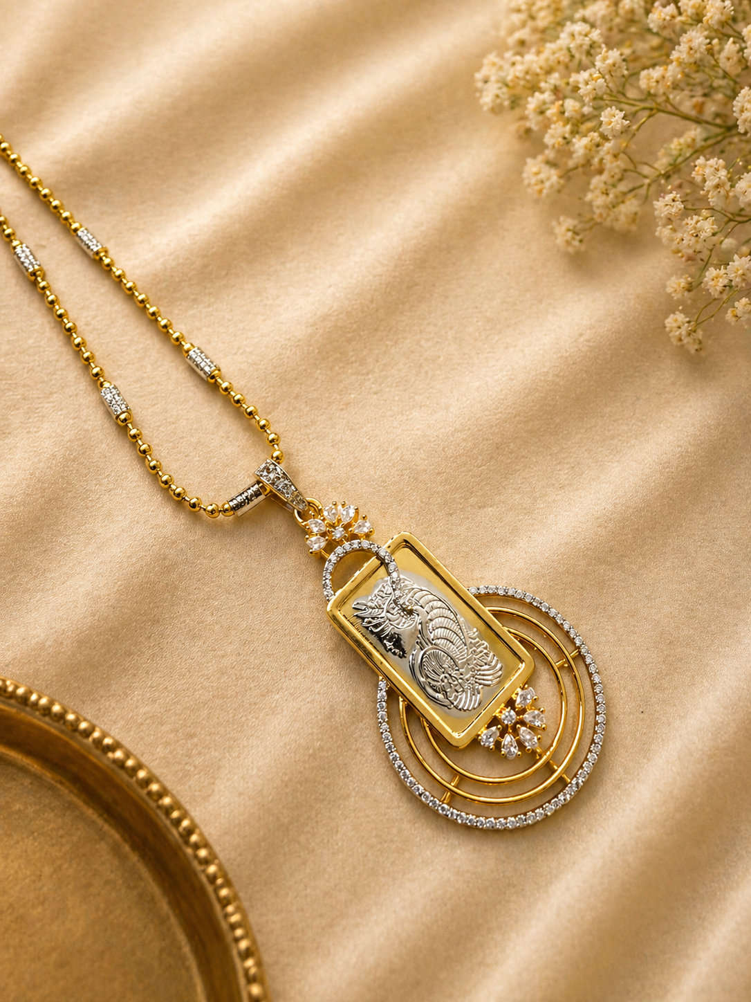 Gold Plated Layered Pendant Necklace Set with Rectangular Motif and Stud Earrings