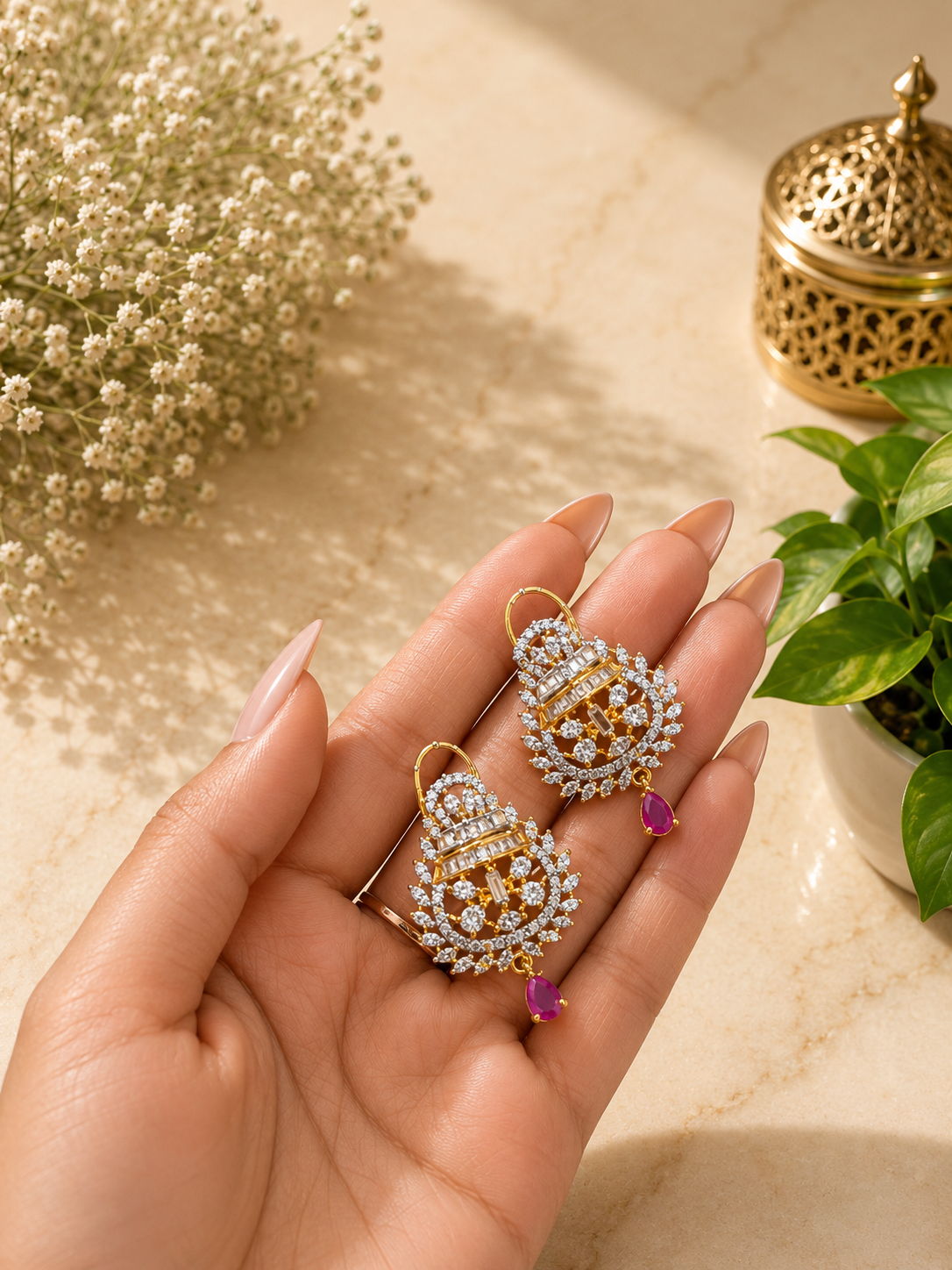 Pink Beaded Diamond Pendant Necklace Set | Pearl & Pink Stone Premium Anti Tarnish Jewellery