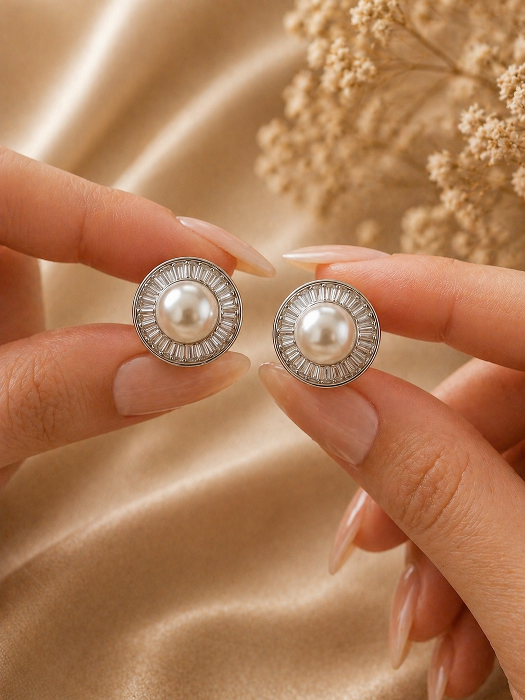 Silver Plated Pearl Stud Earrings with Crystal Halo Design