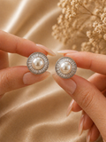 Silver Plated Pearl Stud Earrings with Crystal Halo Design