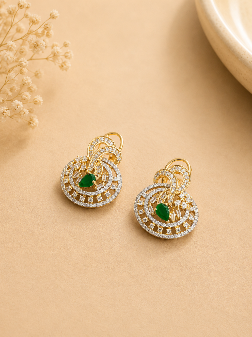 Emerald Green Beaded Pendant Necklace Set with Earrings | American Diamond Statement Jewellery