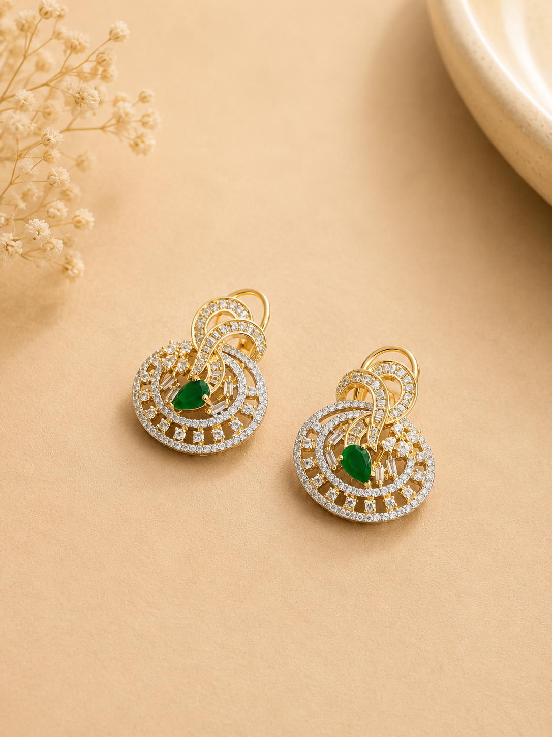 Emerald Green Beaded Pendant Necklace Set with Earrings | American Diamond Statement Jewellery