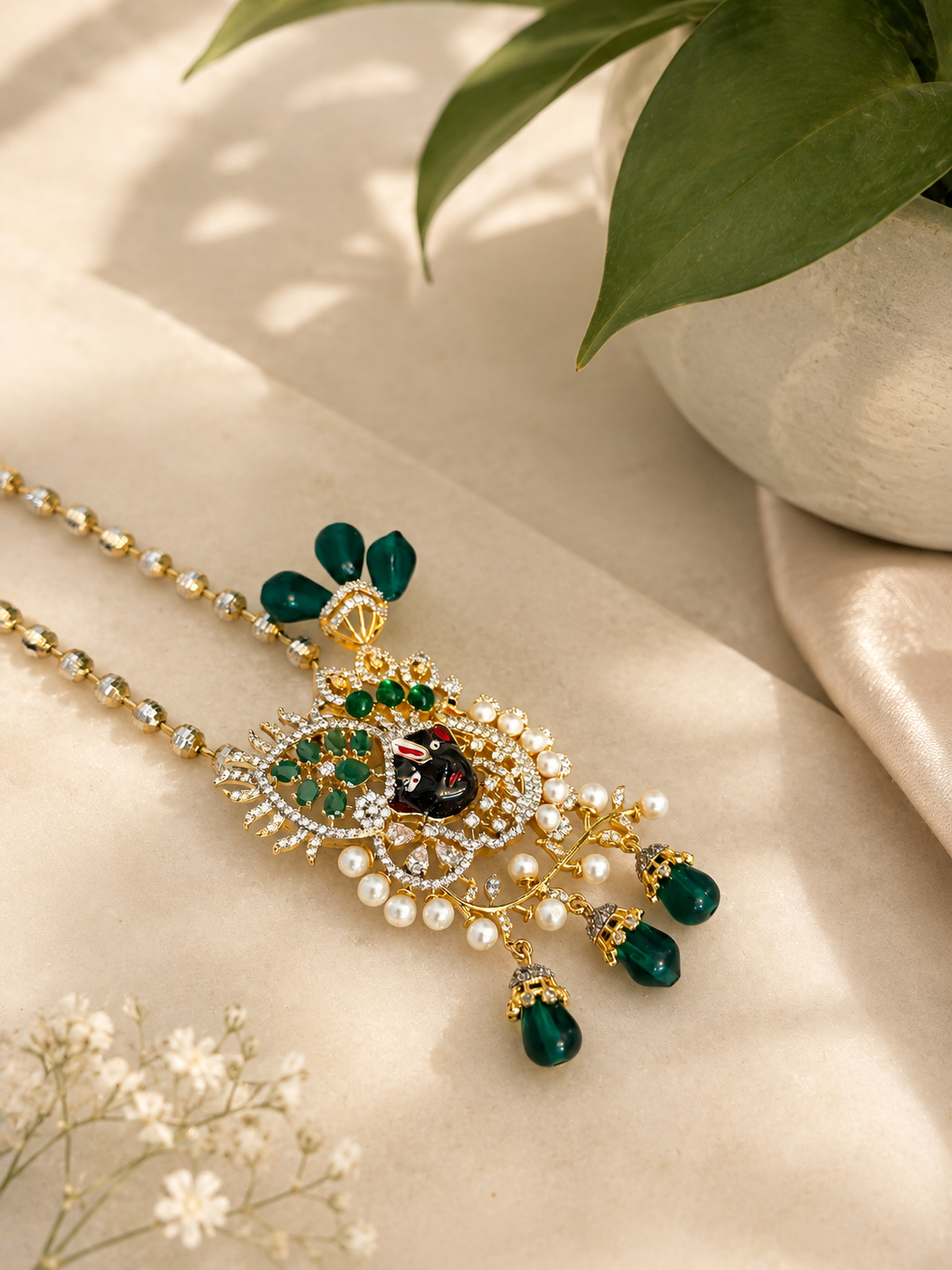 Green Krishna Pendant Necklace Set | Temple Jewellery | House of Orna