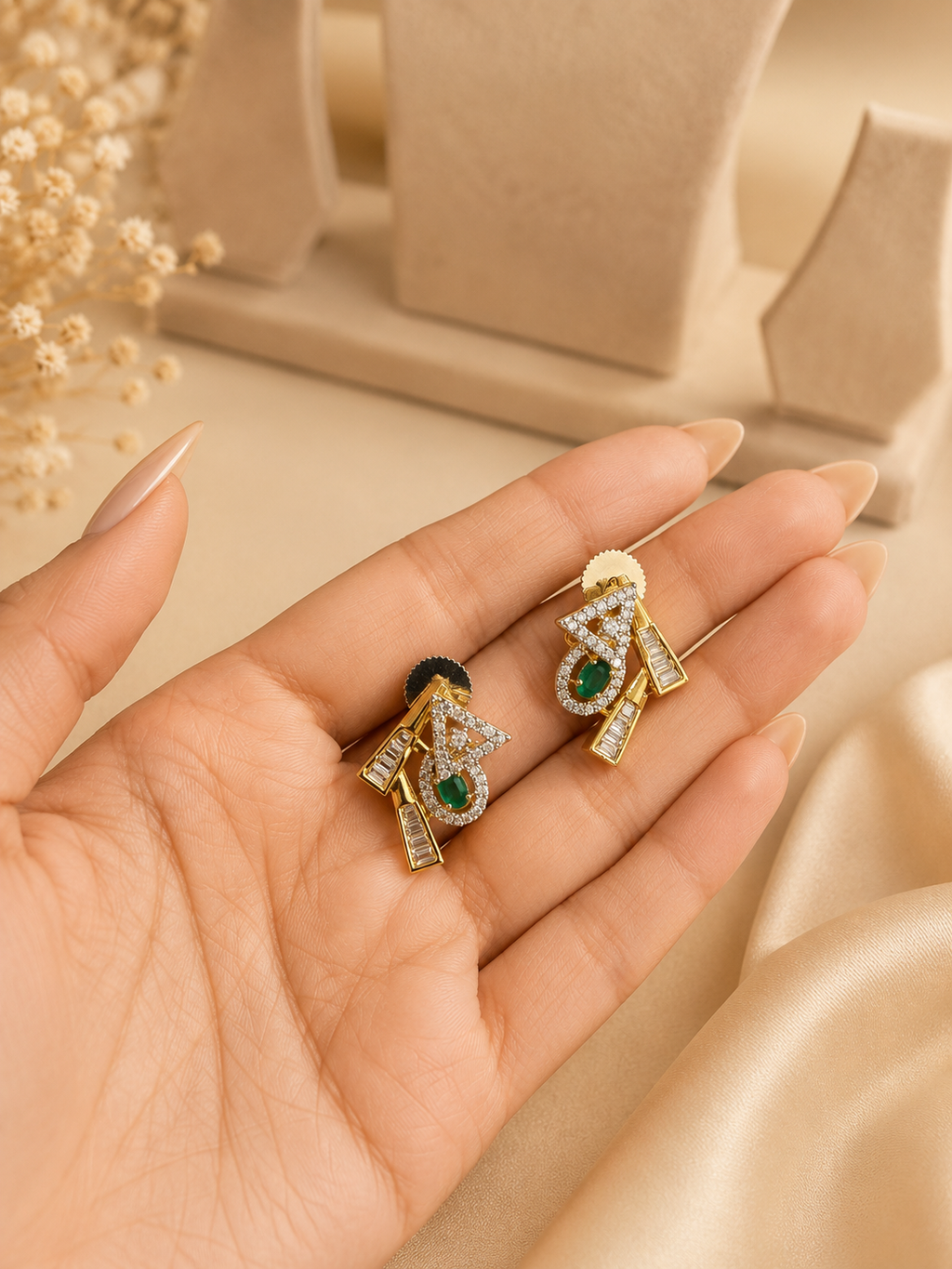 Geometric Emerald Green Pendant Set for Women