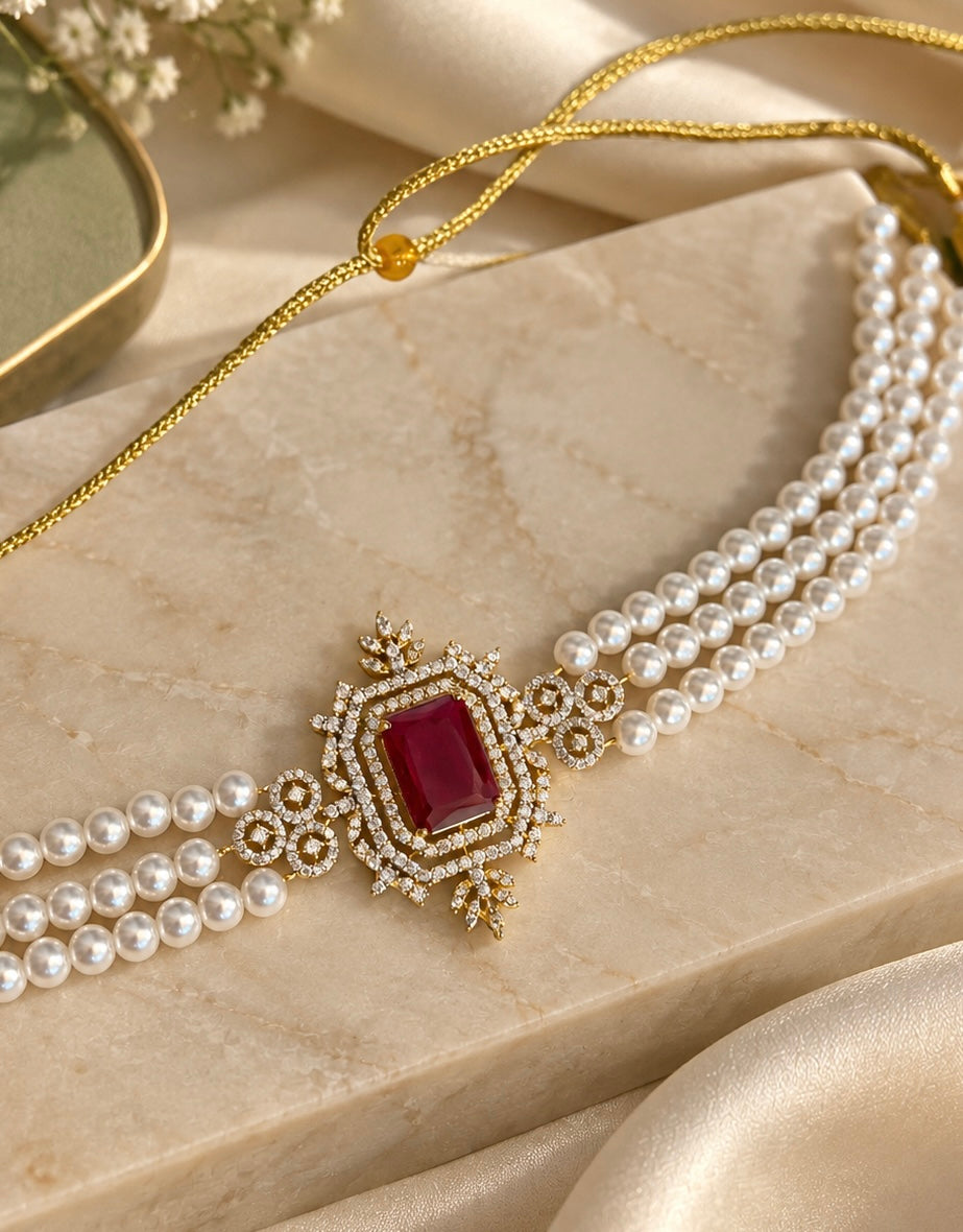 Ruby Pearl Necklace Set with Diamond Look Detailing