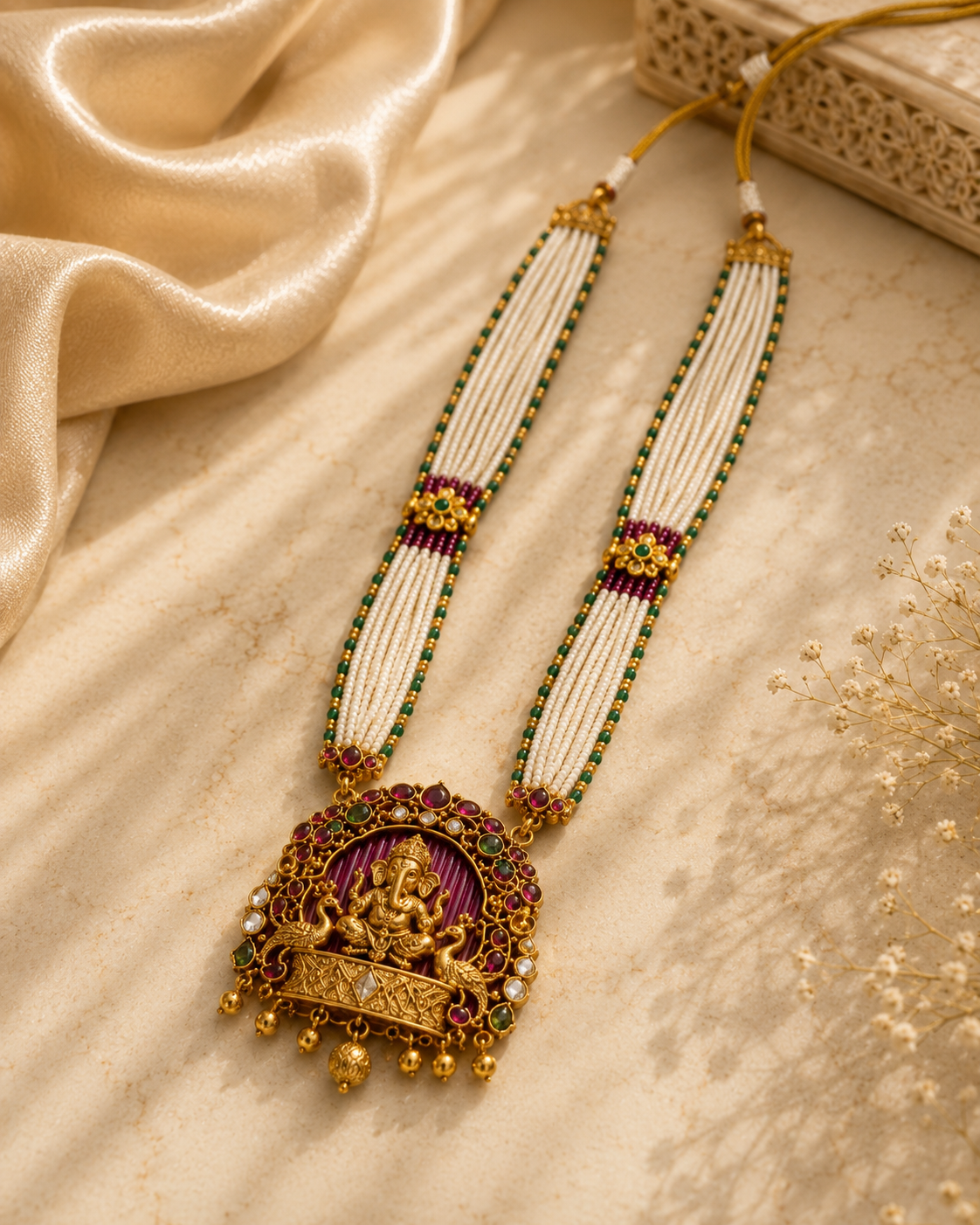 Ganesha Temple Jewellery Long Necklace Set with Pearl Strings & Earrings