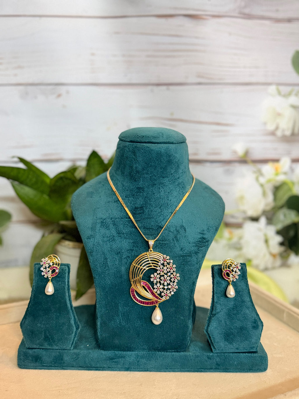 Pink & Pearl Designer Pendant Necklace Set | Statement Jewellery