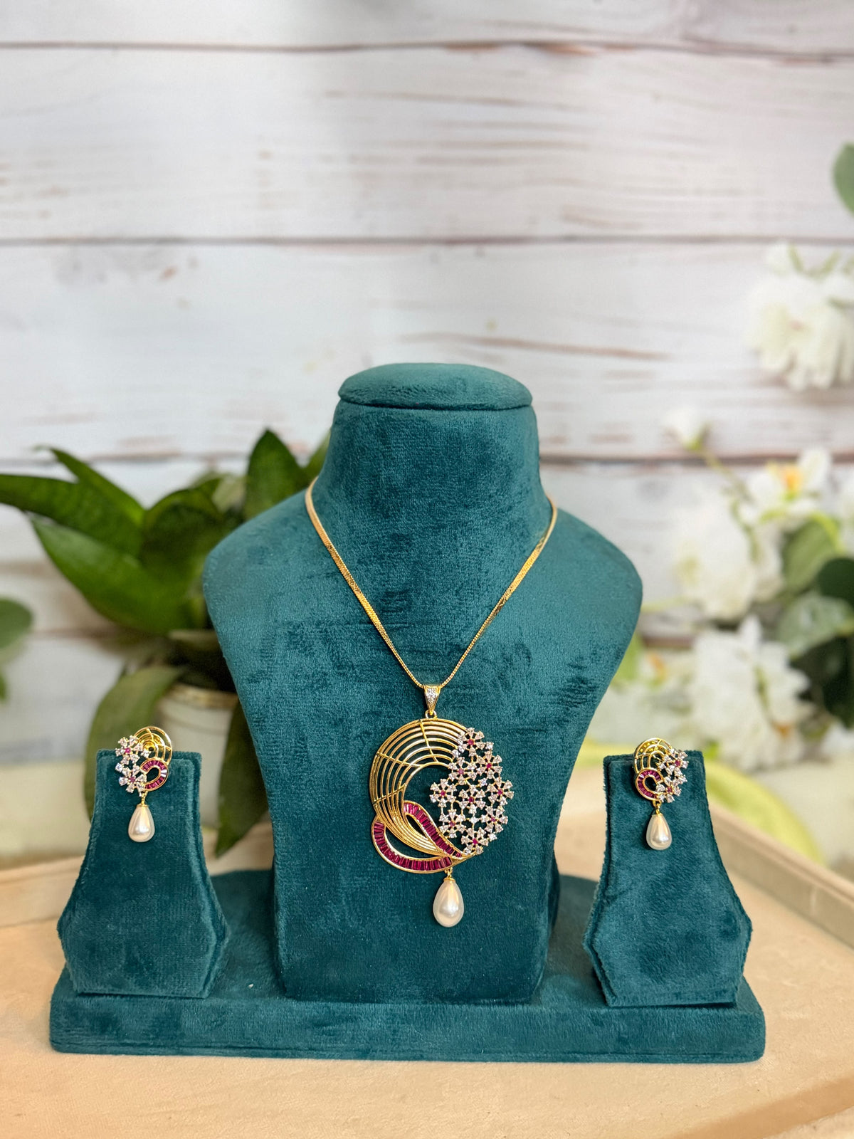Pink & Pearl Designer Pendant Necklace Set | Statement Jewellery