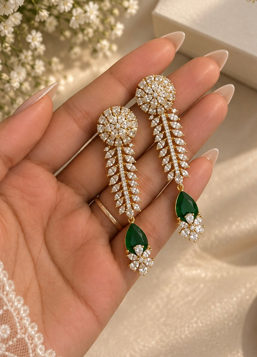 Green Diamond Look Necklace Set with Leaf Detailing and Matching Earrings