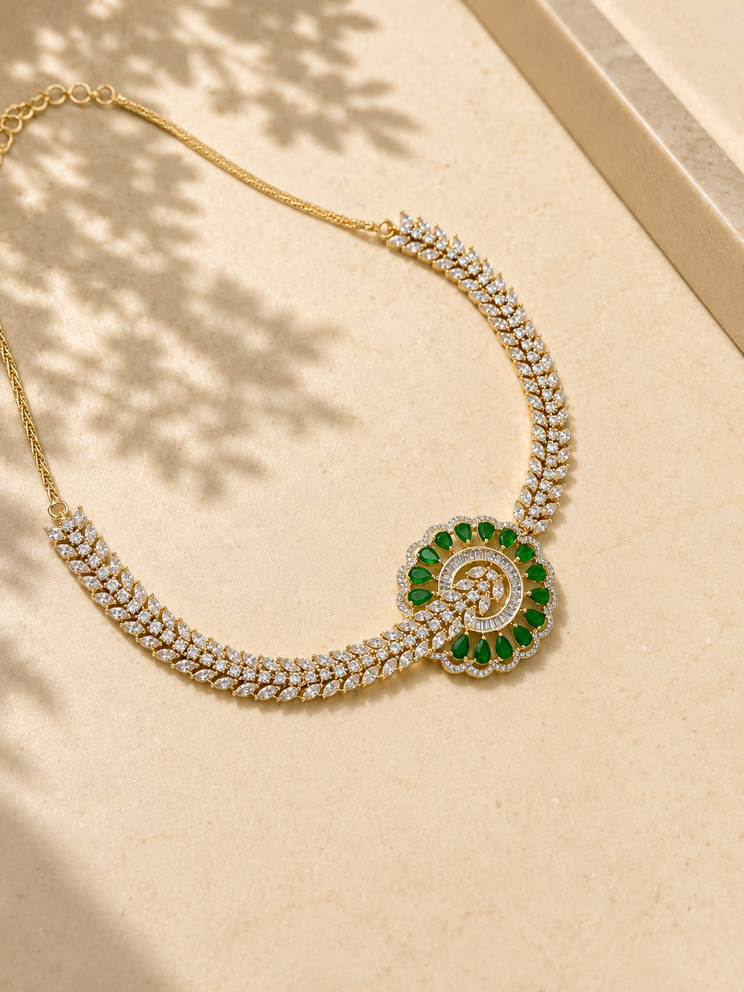 Emerald Halo Diamond Look Necklace Set | Green Stone American Diamond Jewellery