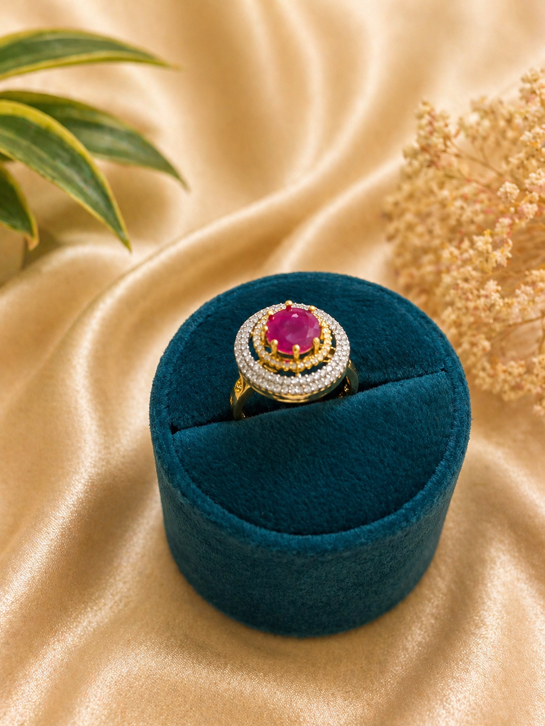 Ruby Stone Halo Statement Ring with Zircon Detailing (Adjustable)