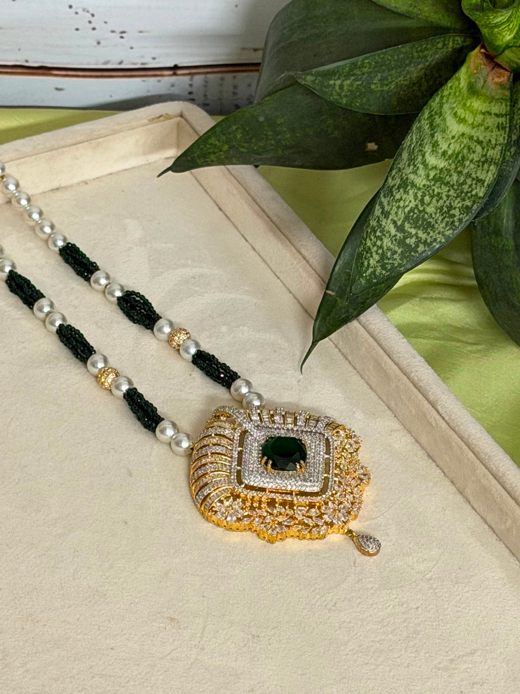 Emerald Diamond Pendant Set | Green Beaded Necklace Set | Anti Tarnish Jewellery