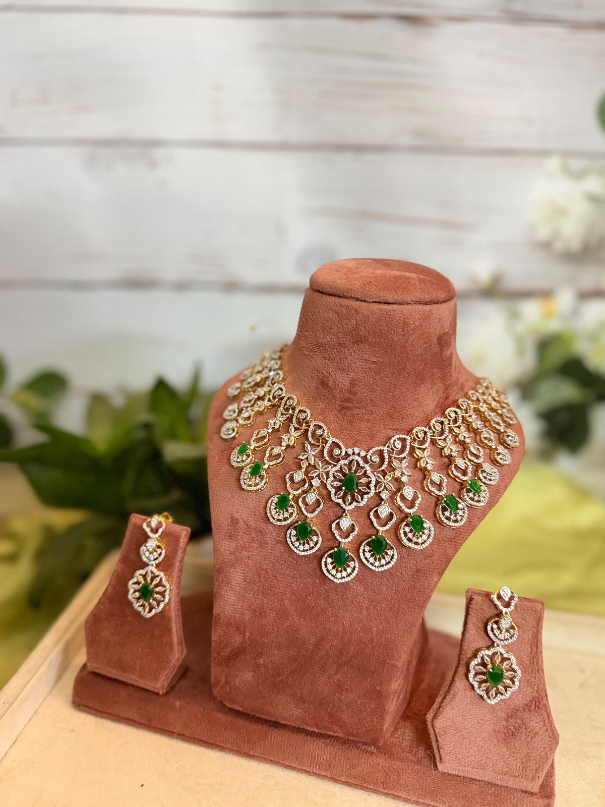 Green Diamond Look Necklace Set with Matching Earrings