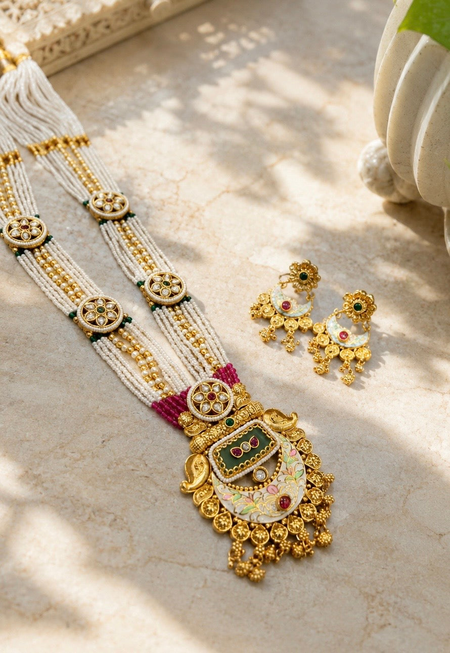 Antique Meenakari Pendant Necklace Set | White Magenta Beaded Heritage Jewellery | Anti Tarnish