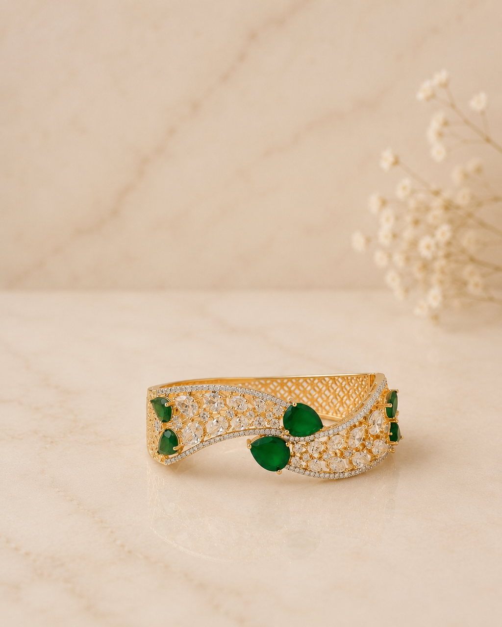 Emerald Wave Diamond Look Cuff Bracelet | Premium Gold Finish Kada for Women