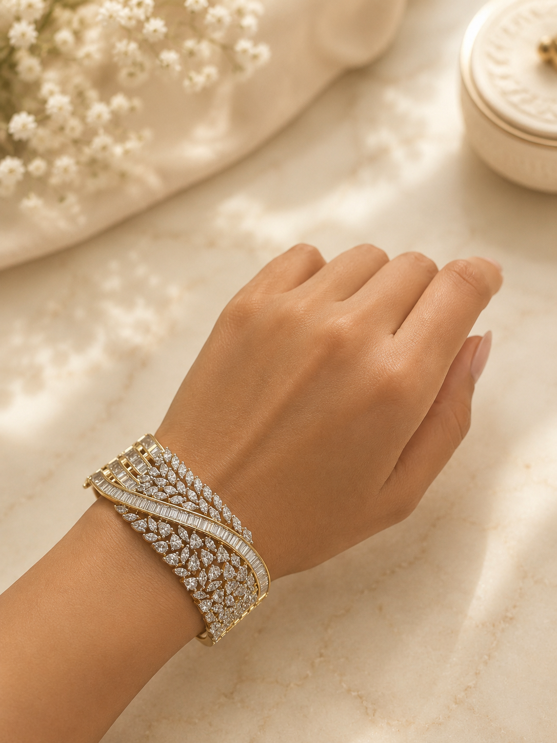Celeste Diamond Look Broad Kada Bracelet | Luxury Crystal Statement Cuff