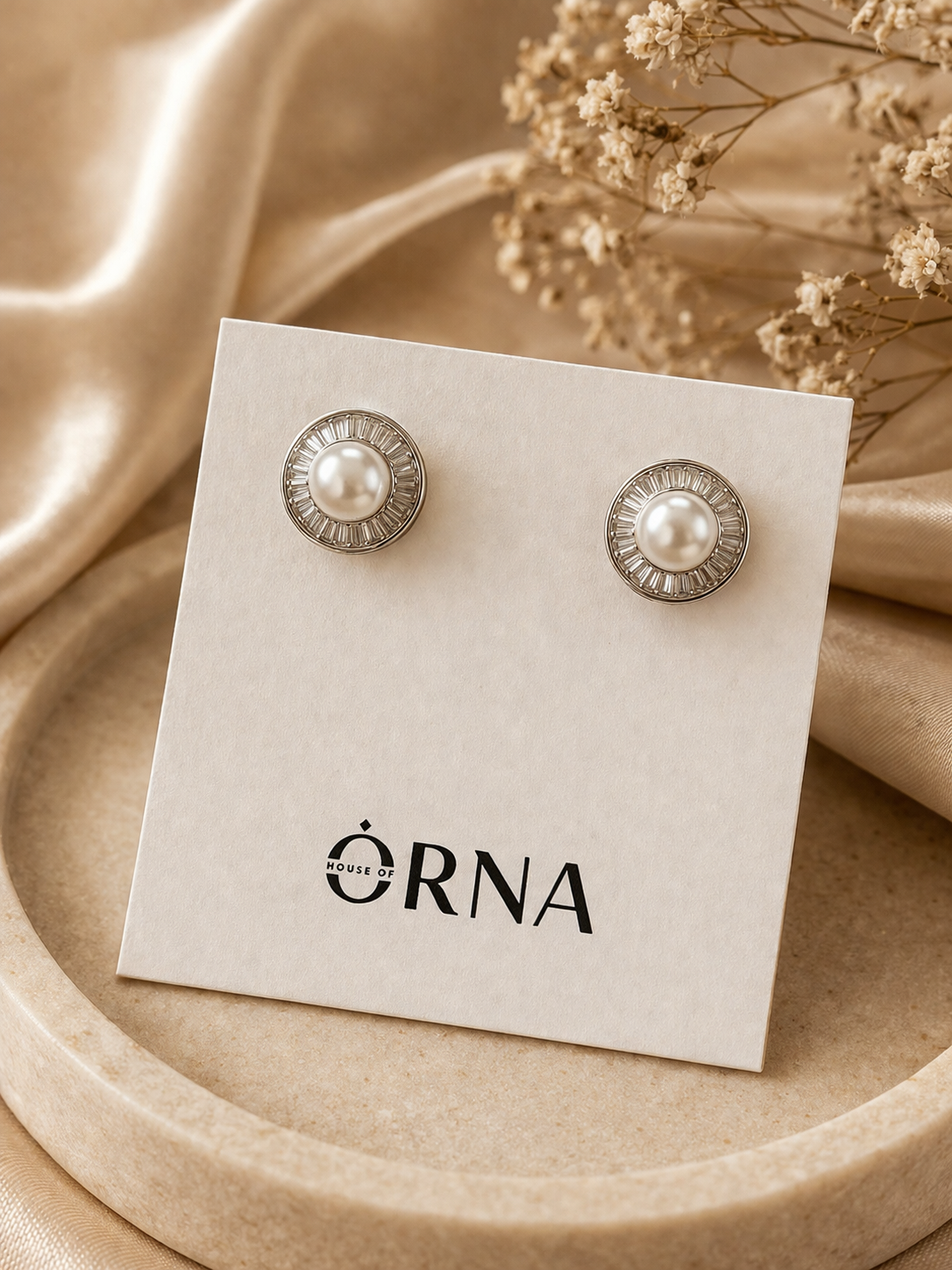 Silver Plated Pearl Stud Earrings with Crystal Halo Design