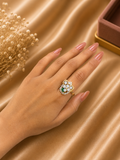 Emerald Green Floral Statement Ring | American Diamond Designer Cocktail Ring for Women