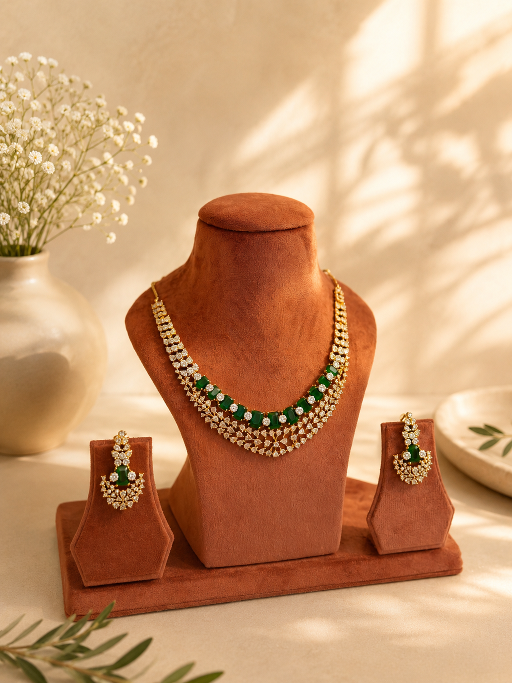 Emerald Diamond Look Necklace Set | Luxury Green Stone Jewellery