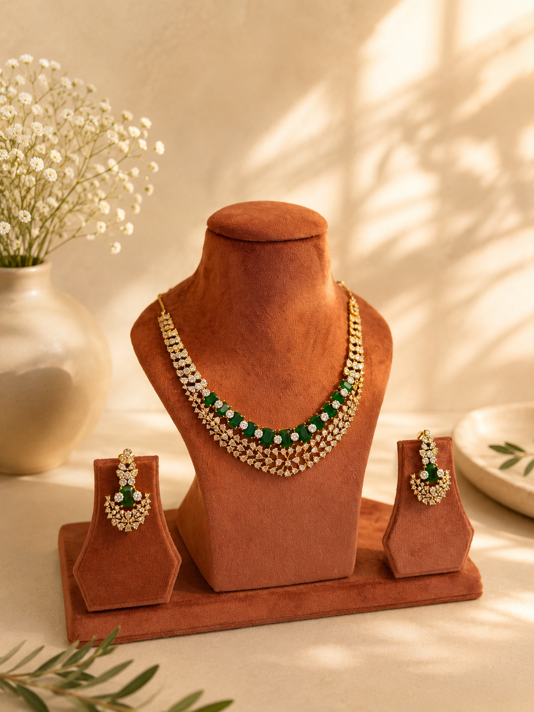 Emerald Diamond Look Necklace Set | Luxury Green Stone Jewellery