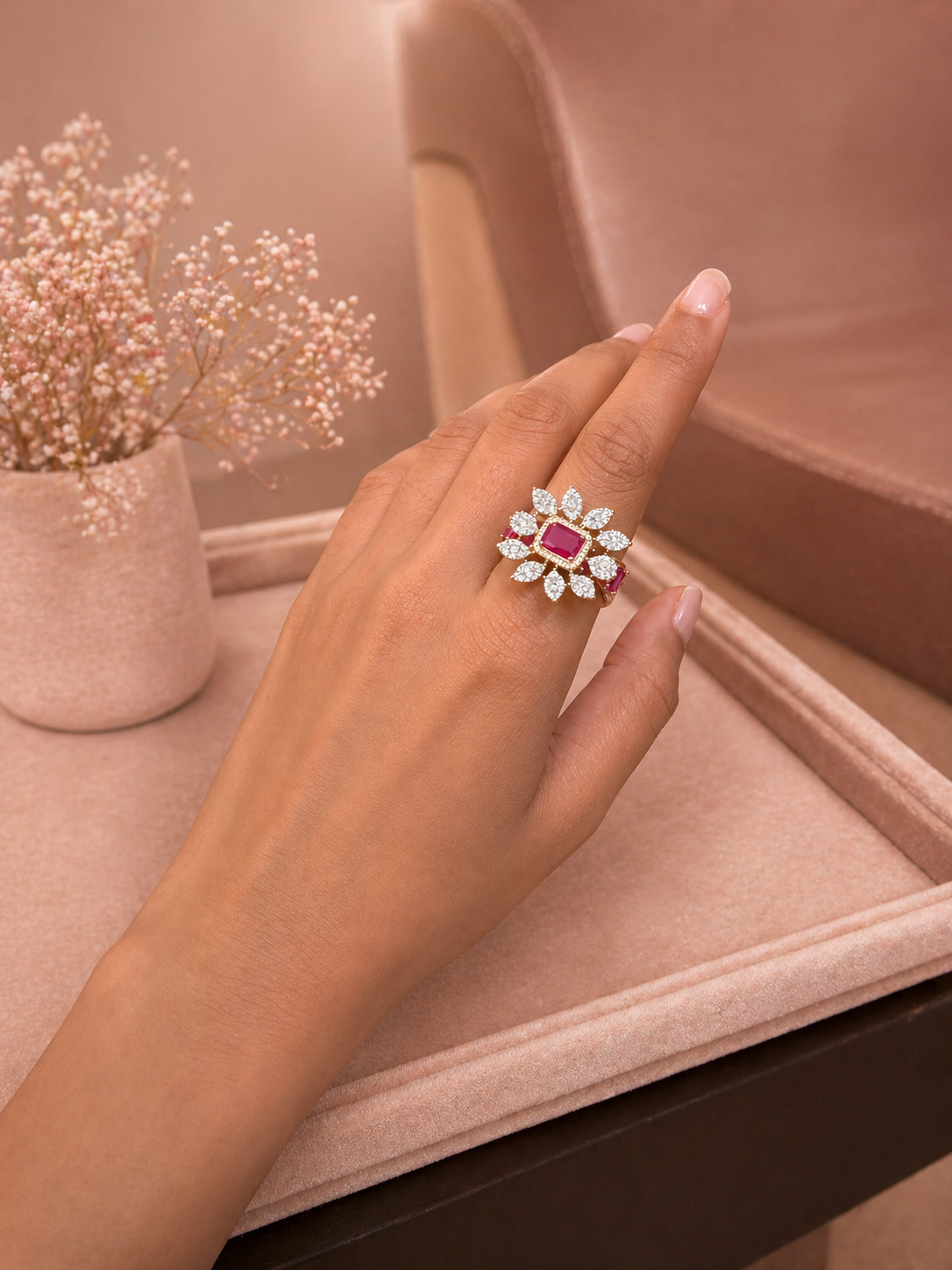 Adjustable Ruby Red Stone Floral Statement Ring with Diamond Look Detailing