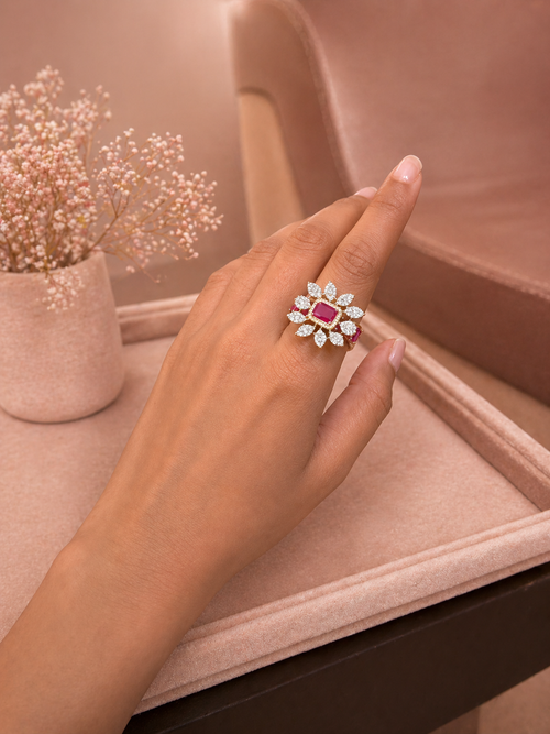 Adjustable Ruby Red Stone Floral Statement Ring with Diamond Look Detailing