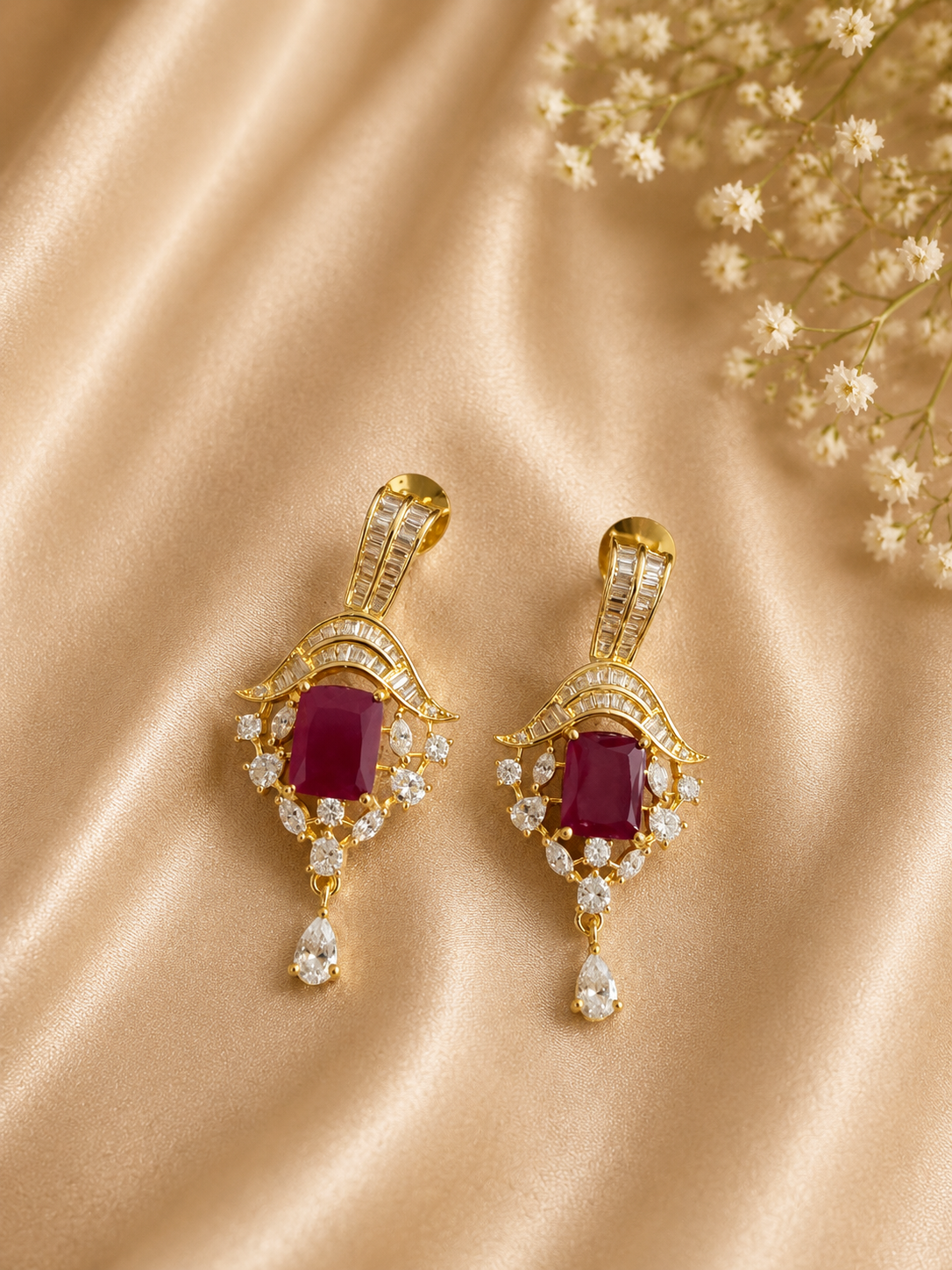 Pearl Necklace Set with Ruby Red Pendant & Earrings | American Diamond Party Wear Jewellery