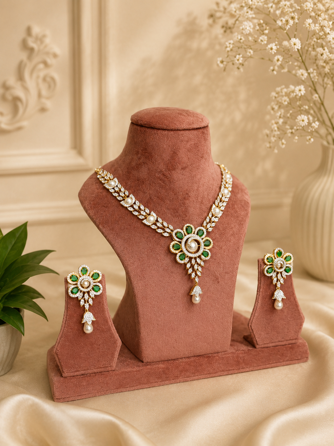 Emerald Pearl Floral Necklace Set | Green Stone Diamond Look Jewellery