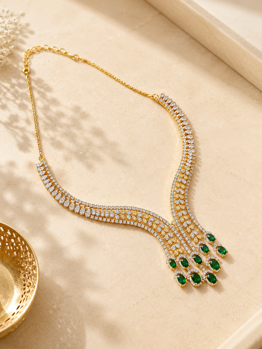 Emerald Drop Diamond Look Necklace Set | Green Stone American Diamond Jewellery